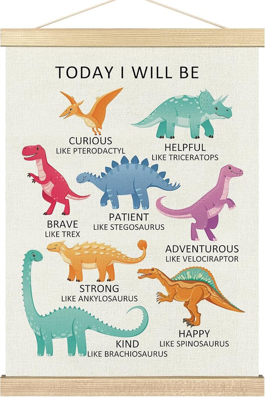BCUANGD Dinosaurs Dino Wall Decor - Toddler Baby Boys Room Wall Art Poster Hanger with Wood Frames, Inspirational Mental Health Wall Hanging Canvas Decor for Kids Room Nursery Bedroom, 12x16 Inches