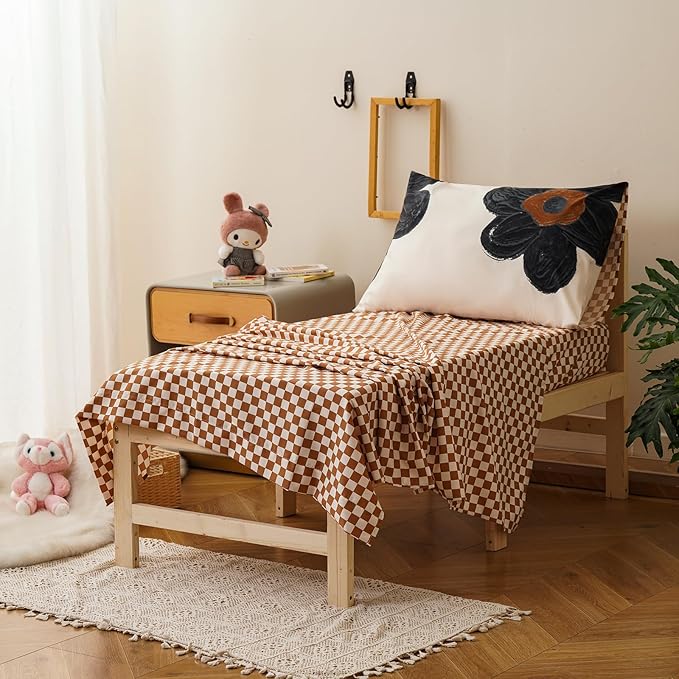KAREVER Flower Toddler Bedding Set Botanical Print 4 Pieces Crib Bed Set Kids White Black Floral Comforter Set