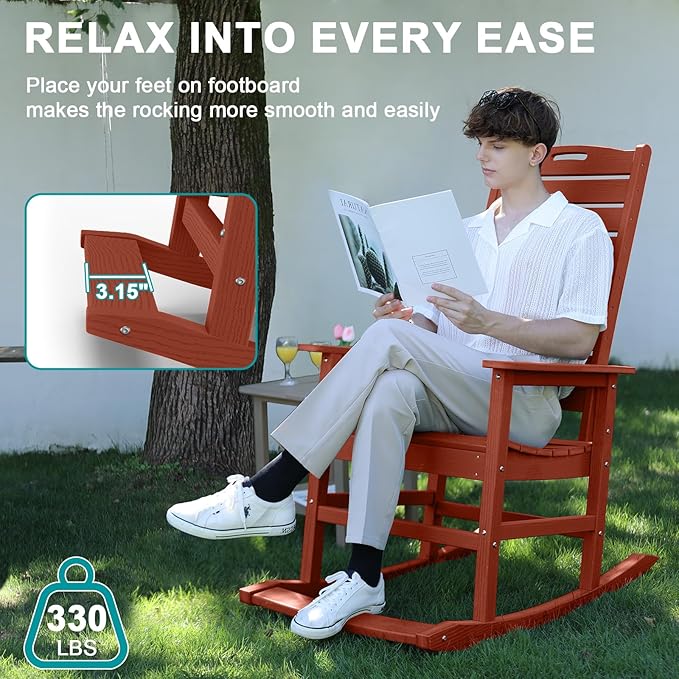 Outdoor Rocking Chair Set of 2 with Removable Footboard for Adults, HDPE High Back Patio Rocking Chairs, 330lbs All Weather Porch Rocking Chairs for Outdoor & Indoor -Reddish Brown