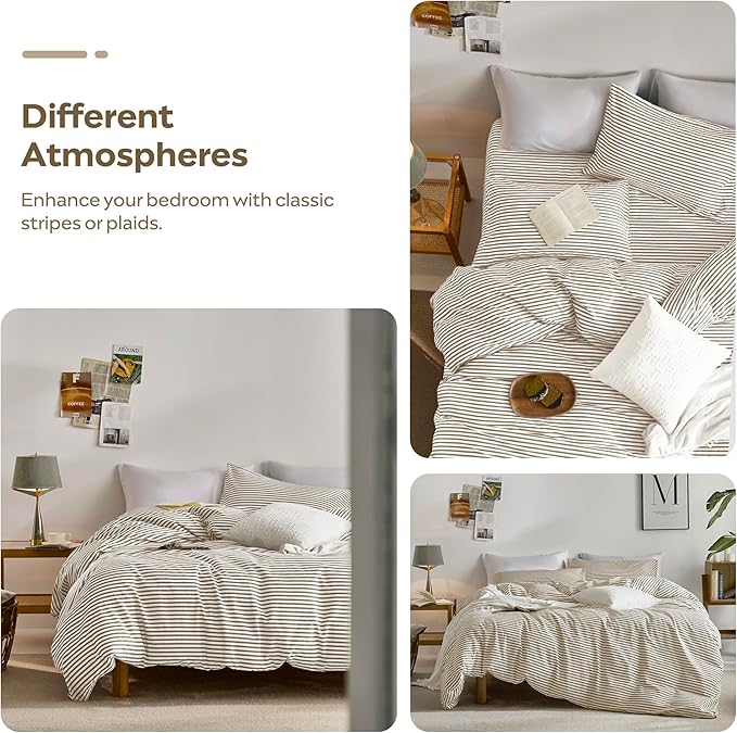 JELLYMONI Oversized King Duvet Cover Set, Cotton Duvet Cover 3 Pieces with Zipper Closure, 1 Duvet Cover and 2 Pillowcases(White with Khaki Striped)