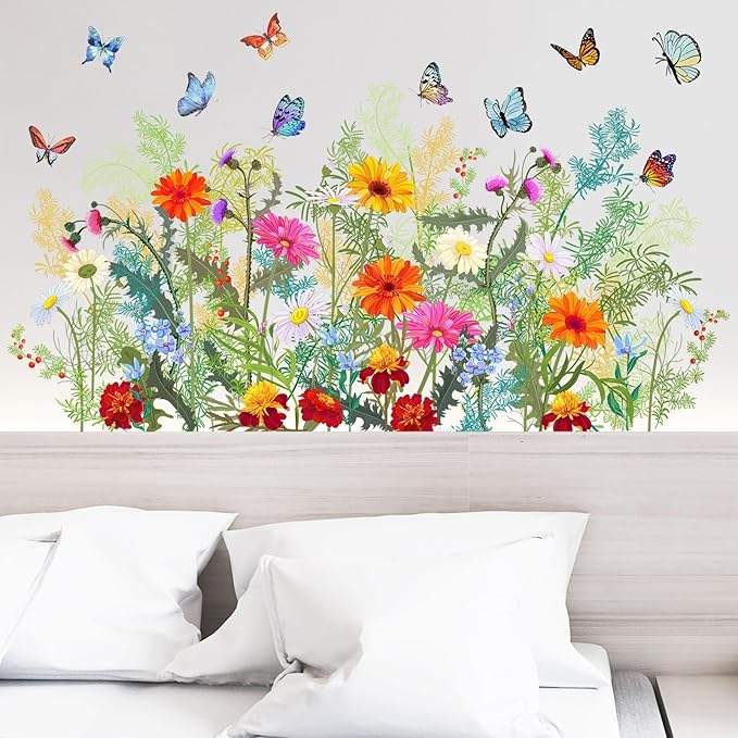 Colorful Floral Wall Stickers Flowers Daisy Butterfly Wall Decals for Living Room, Vivid Flowers Vine Decor Posters Chrysanthemum Art Murals Removable Home Decorations Stickers