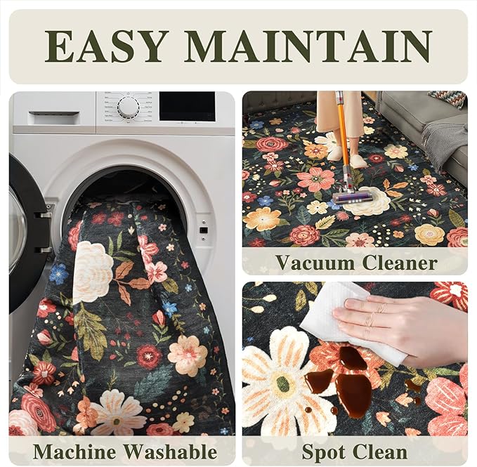 8x10 Washable Area Rug for Living Room, Floral Non-Slip Non-Shedding & Easy Care, Large Soft Low Pile Indoor Floor Carpet for Living Room, Bedroom, Farmhouse, Dining Room, Kids Playroom, Black