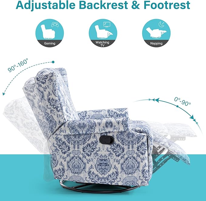 UIXE Floral Swivel Glider Recliner Chairs Set of 2, High Back Nursery Rocker Fabric Accent Chair for Living Room, Rivet Trim Upholstered Armchair Manual Reclining Sofa Seating - Navy Blue