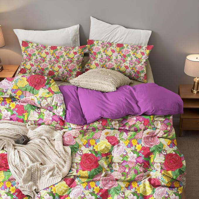 MAGRACE Casual Queen Size Duvet Cover Set - 3 Pieces Floral Vine Pleated Duvet Cover King, All Season Lightweight, Extra Softness Bedding Cover Shams