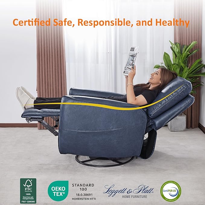MCombo Power Swivel Rocker Recliner with Lumbar Support, Faux Leather Electric Nursery Glider Recliner Chair for Adults, 6922 (Navy Blue)