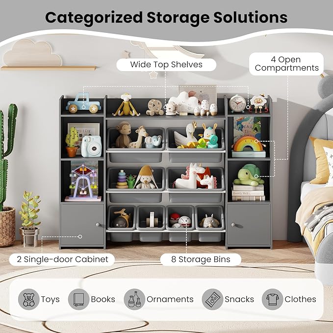 Costzon 56'' Kids Toy Storage Organizer with 8 Removable Bins, 4-Tier Toddler Bookshelf Cubbies, Preschool Children's Montessori Bookshelf w/6 Large Cabinet for Playroom, Daycare, Kids Room, Classroom