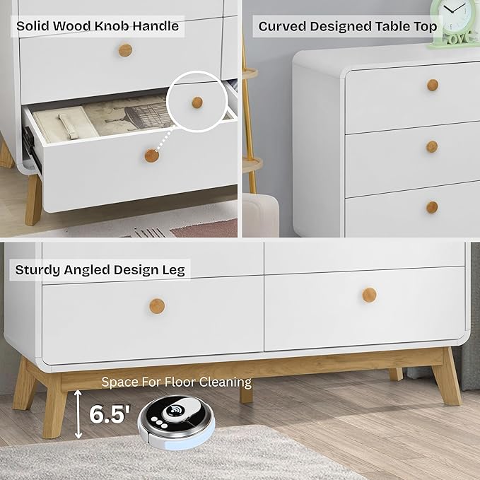 ELISA HOME Aries 6 Drawer Dresser for Bedroom, Modern Wide Chest of Drawers, Wood Storage Organizer for Clothes, Entryway, Hallway, Nursery or Living Room, White