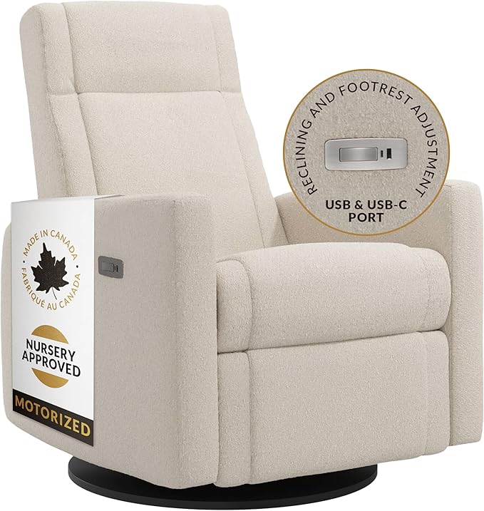 Nelly Modern Nursery Chair Glider Recliner with 180° Swivel - Cozy Motorized Reclining Nursing Chair with USB Ports, Gentle Motion, Hybrid Memory Foam, Lumbar Support (Cream/Beyond Sheep Fabric)