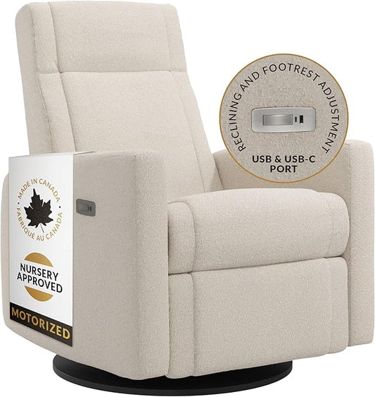 Nelly Modern Nursery Chair Glider Recliner with 180° Swivel - Cozy Motorized Reclining Nursing Chair with USB Ports, Gentle Motion, Hybrid Memory Foam, Lumbar Support (Cream/Beyond Sheep Fabric)