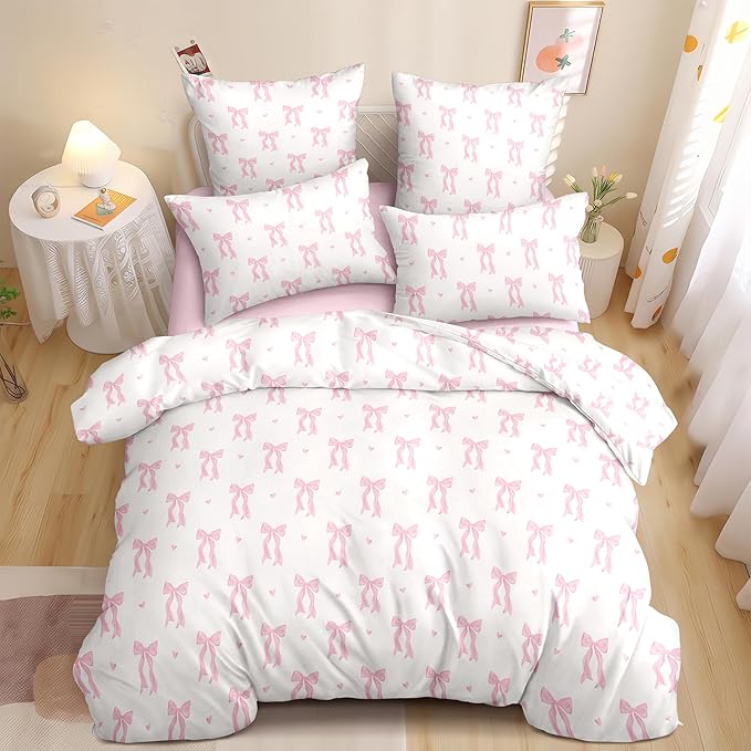 Bow Bedding Duvet Cover Queen Size Pink White Heart Bowknot Bedding Set 3 Pieces Kids Girls Princess Style Cute Love Pattern Bowknot Soft Breathable Microfiber Duvet Cover