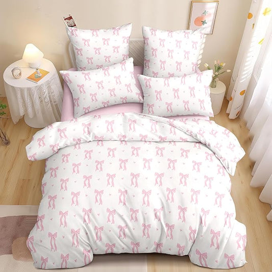 Bow Bedding Duvet Cover Full Size Pink White Heart Bowknot Bedding Set 3 Pieces Kids Girls Princess Style Cute Love Pattern Bowknot Soft Breathable Microfiber Duvet Cover
