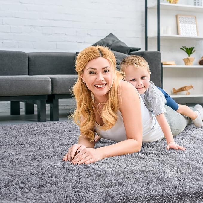 Merelax Soft Modern Indoor Large Shaggy Rug for Livingroom Bedroom Dorm Kids Room Home Decorative, Non-Slip Plush Fluffy Furry Fur Area Rugs Comfy Nursery Accent Floor Carpet 8x10 Feet, Grey