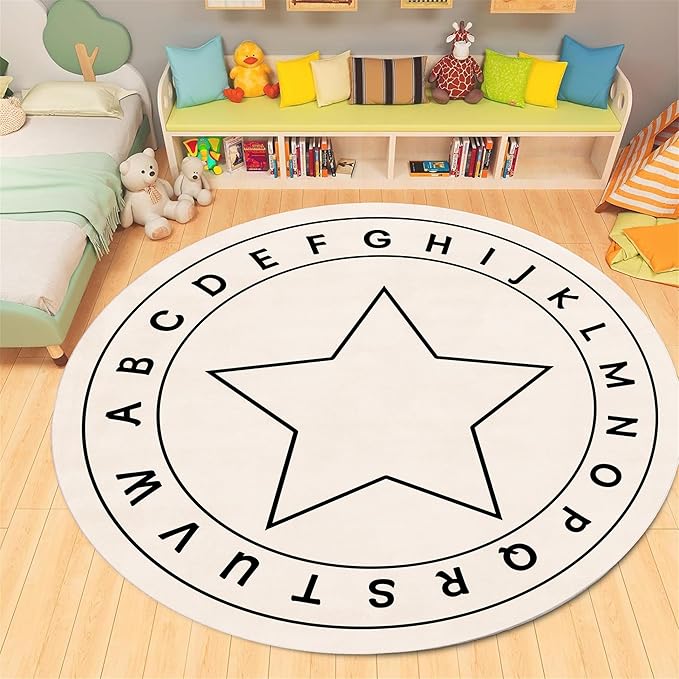 Abc Round Children's Rug,3.3ft,Children's Educational Learning Area Rug, Cartoon Star Print Soft and Fluffy Rug, Suitable for Nursery, Classroom, Playroom Boys and Girls Bedroom Game Decoration