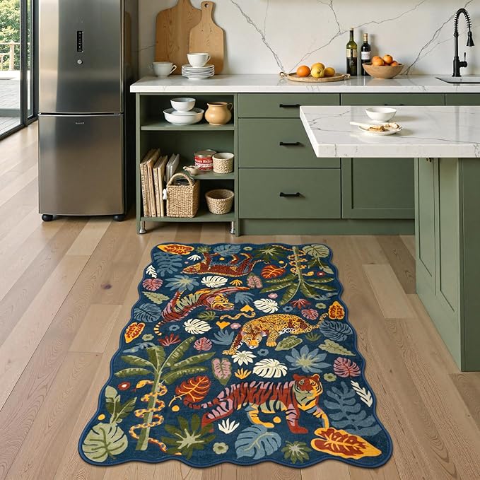 LEEVAN 3x5 Bedroom Rug Washable Tiger Kitchen Rugs Non Slip Blue Entryway Mat Scalloped Office Floor Pad Leopard Living Room Rug Low Pile Playroom Carpet Jungle Kids Mat