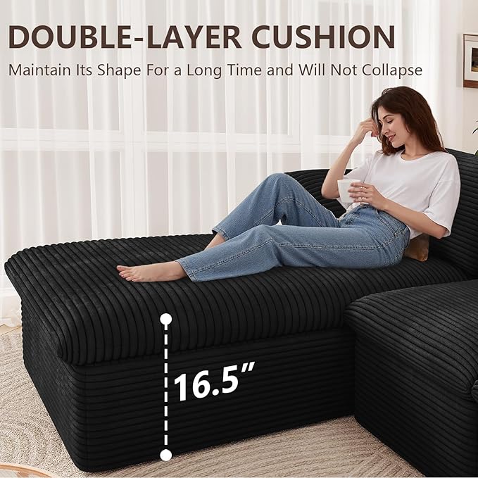 107" Cloud Modular Sectional Sofa with 1 Ottoman, Modern Upholstered Corduroy Couches, Comfort U Shaped Sofa for Living Room, Deep Seat Boneless Couch, No Assembly Required(Black,Left Facing Chaise)