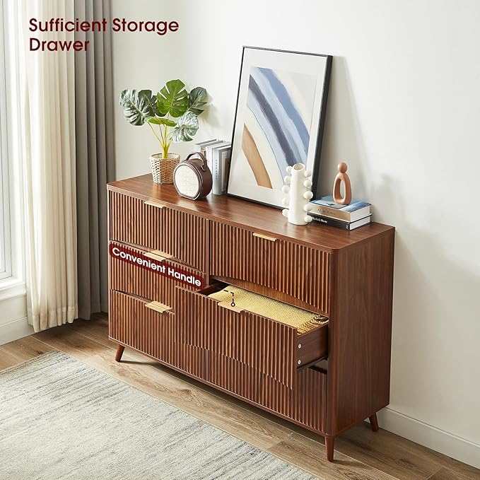 Evermagin 55" Wide Fluted 6 Drawer Dresser, Mid Century Modern Curved Dresser, Light Wood Chest of Drawers for Bedroom, Living Room and Entryway, Walnut