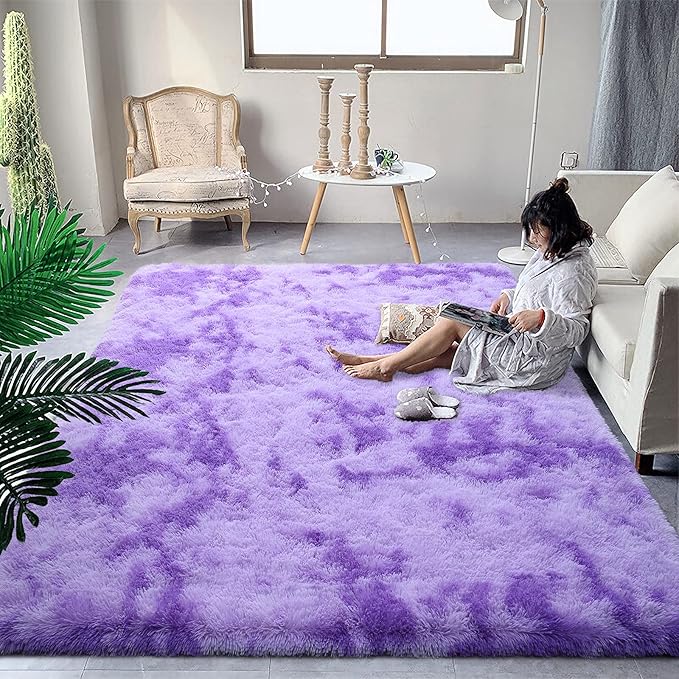 DweIke Fluffy Purple Shag Rugs for Bedroom Living Room, 3x5 Feet Soft Plush Tie-Dyed Light Purple Girls Boys Kids Rug, Upgraded Non-Slip and Machine Washable Carpet for Dorm Nursery Classroom Decor