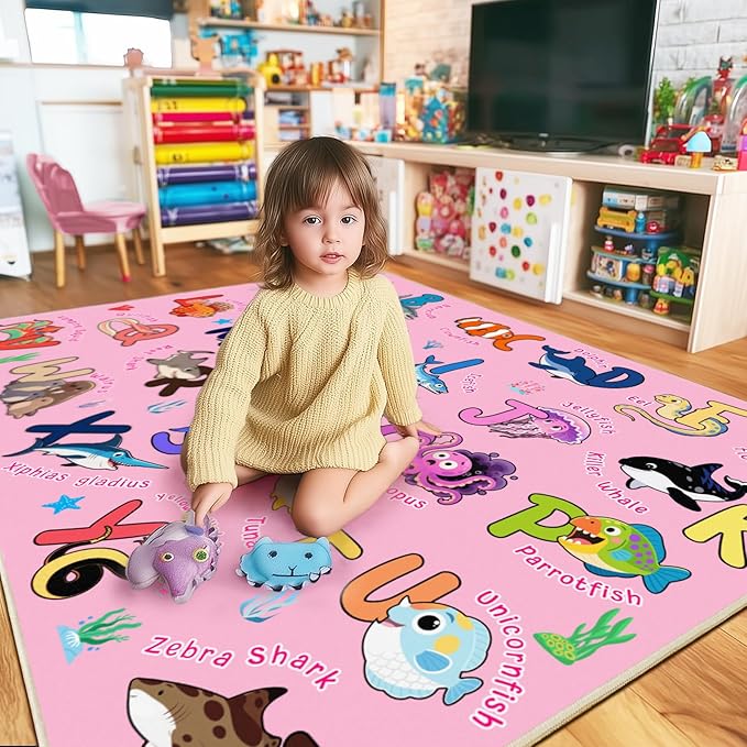 Kids Rug for Playroom, 3x4 Feet Educational Rug for Learn The ABC Alphabet, Soft Machine Washable Non-Slip Cute Marine Organisms Carpet for Classroom Toddler Nursery Kids Room Decor Mat, Pink