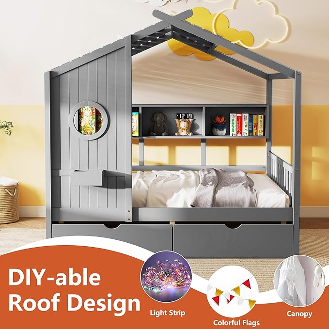 Aoowow Twin Size House Bed with Storage Shelves and Drawers, Wood Platform Kids House Bed with Window and Roof for Bedroom, Twin Playhouse Bed Frames for Boys Girls, Can be Decorated, Grey