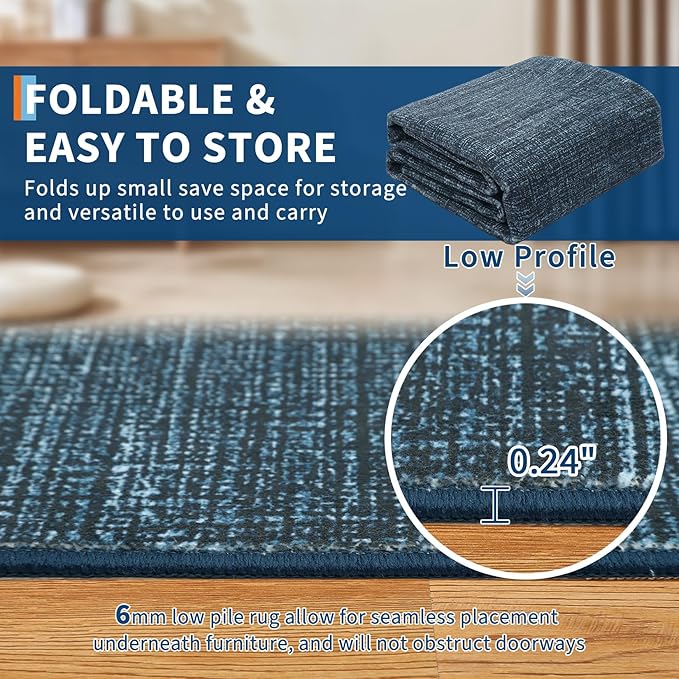 Area Rug 4x6 Washable Bedroom Rugs Non Slip Modern Solid Color Large Living Room Throw Carpet Low Pile Minimalist Kitchen Rug Plain Accent Rug Mat Classic Boho Area Rugs for Nursery Entryway, Navy