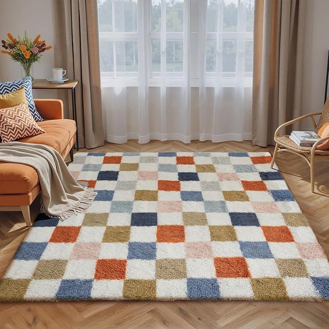 Checkered Rug 5x7 for Living Room, Modern Rainbow Shag Rug Super Soft Washable Indoor Fuzzy Carpet Non-Slip Fluffy Rugs for Bedroom Home Aesthetic Decor