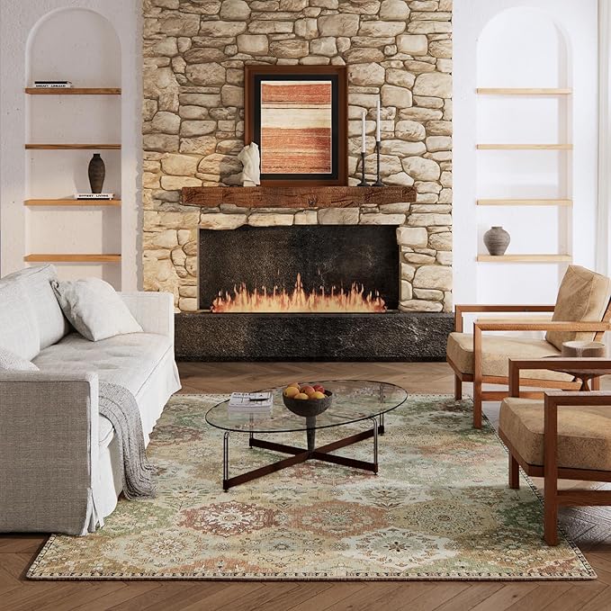 Area Rugs 5x7 Rug for Bedroom, Clearance Washable Area Rug, Non-Slip Lightweight Low Pile Rug for Living Room Dining Room Nursery Room,Multi/Green