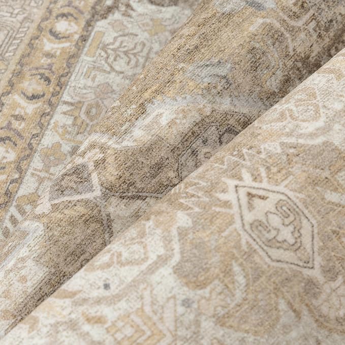 5x7 Washable Vintage Area Rug for Living Room Bedroom Non Slip Distressed Traditional Soft Large Throw Rug Beige Brown Low Pile Lightweight Floral Carpet Office Classroom Dining Laundry Room