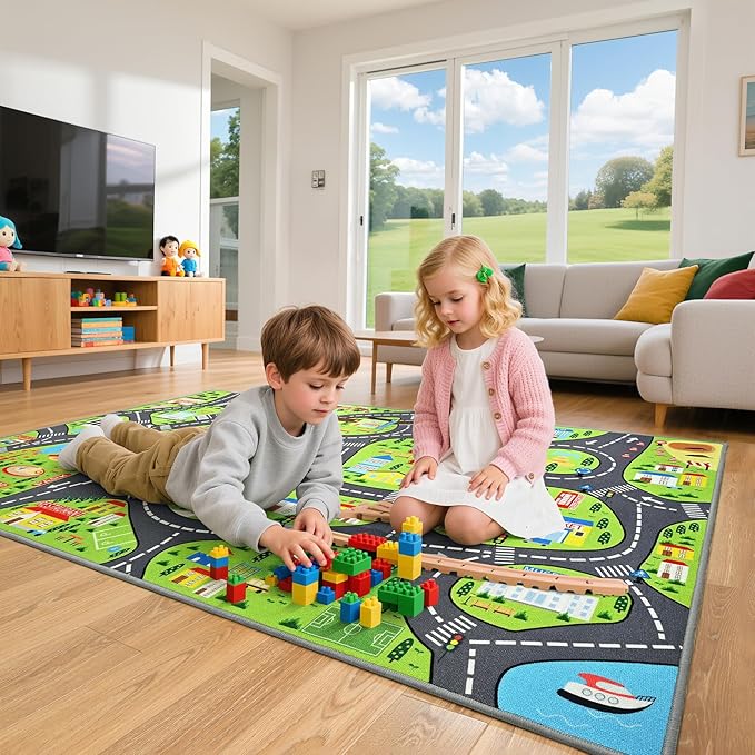 City Life Play Rugs, Educational and Fun Urban Road Play Mat for Kids, 72"x48" Non-Slip Playmat with Streets, Traffics & Buildings for Imaginative Play, Nursery and Playroom