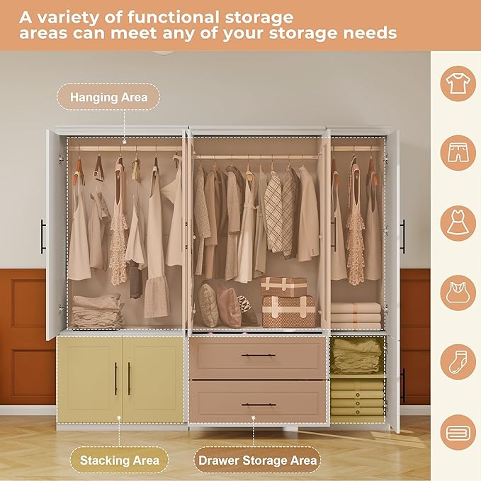 5 Door Armoire Wardrobe Closet with Mirror: Wood Wardrobe Closet Combination Bedroom Armoire 2 Drawer with Hanging Rods Glass Door for Home/Bedroom/Living Room White