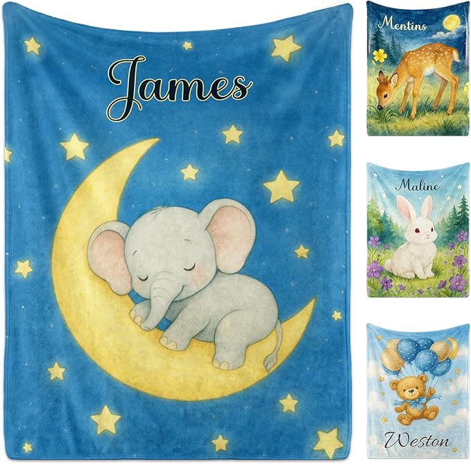 Ship Next Day Personalized Baby Blanket for Kids, Custom Baby Blanket with Name, Super Soft Flannel Blankets, Custom Elephant Animal Blankets Baby Gifts for Christmas.