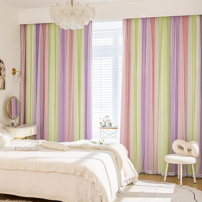 XiDi Pink Yellow Purple Blackout Curtains for Girls Bedroom 2 Panels Blackout Rainbow Curtain with Sheer Overlay Unicorn Wall Decals Drapes for Kids Nursery Room Grommet 52 Inches Wide 96 Inches Long