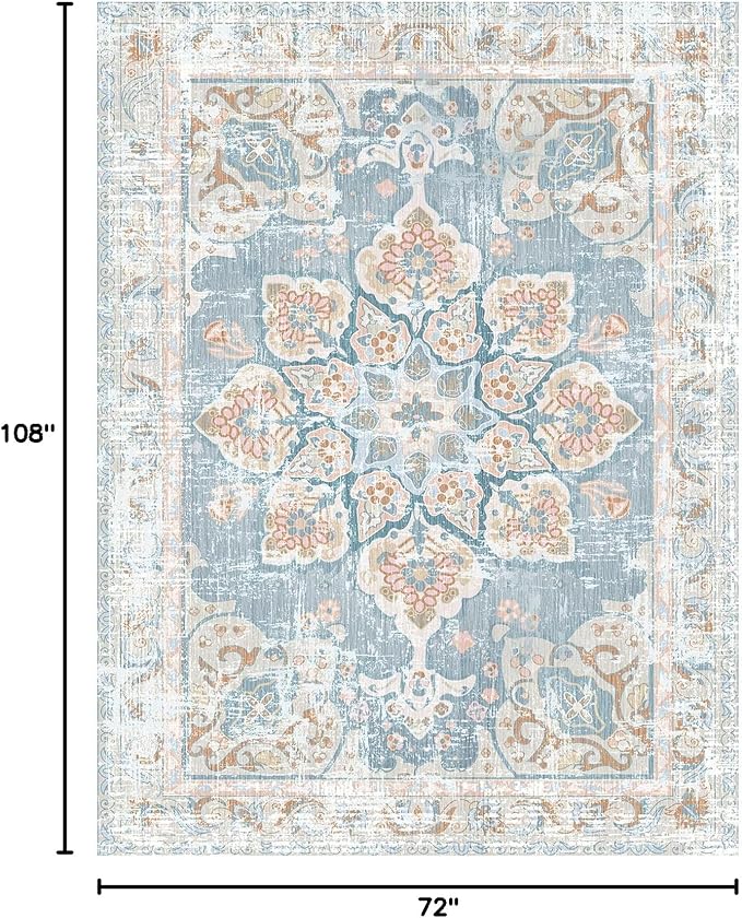 Vhong Washable Area Rugs Boho Vintage Neutral Modern Pale Blue 6x9 Non Slip Carpet for Living Room Dining Room Bedroom