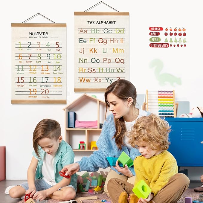 Alphabet Numbers Poster Set of 2, Children's Room Wall Art, ABC Banner Poster, Letter Banner Wall Hanging Decor for Toddler Room Playroom Nursery Wall Classroom Decor 12x16inch (Alphabet Numbers)