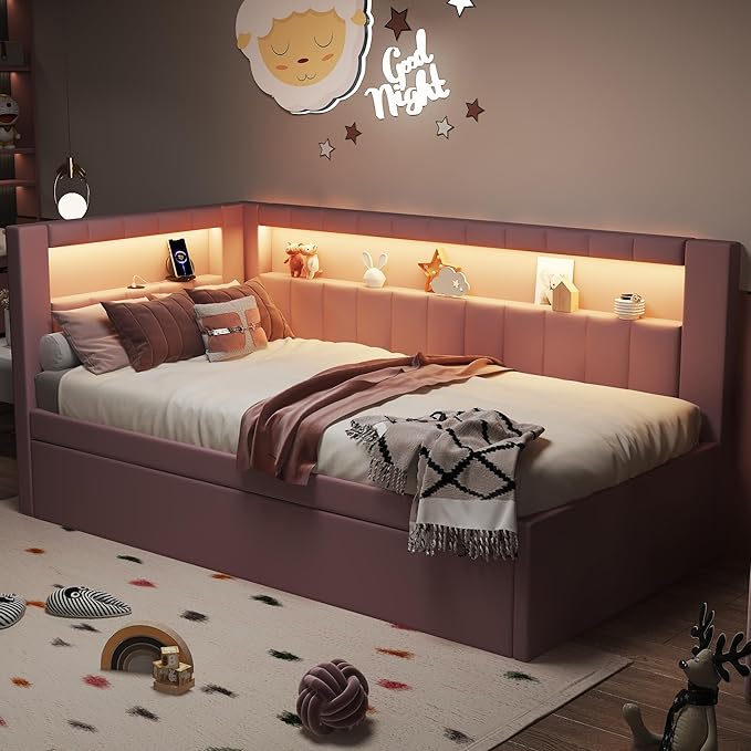Twin Size Soft Daybed with Trundle, Storage Shelves and LED Belt, Linen Upholstered Corner Bed with L-Shaped Bookshelf Headboard and USB Charger for Kids Boys Girls, Pink