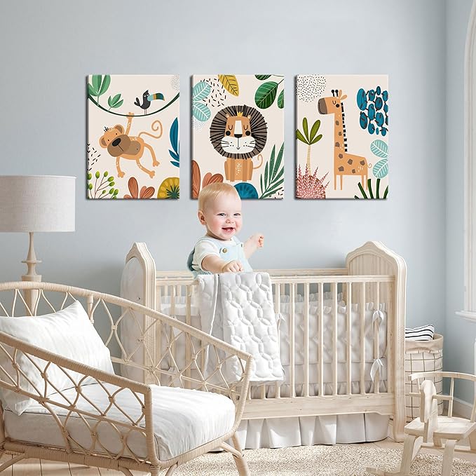 AKWISH Safari Jungle Nursery Wall Decor Set of 3 - Framed Animal Canvas Wall Art for Baby Room, Toddler Boy or Girl Bedroom, Cute Safari Themed Baby Nursery Decor 16x24in