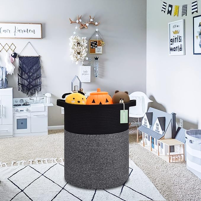 BOSROTY Large Laundry Hamper for Girls Boys Kids 72L, Nursery Hamper, Tall Laundry Basket, Cotton Rope Woven Blanket Basket for Storage Toys Clothes Towels, 16”x 22”, Black & Gray