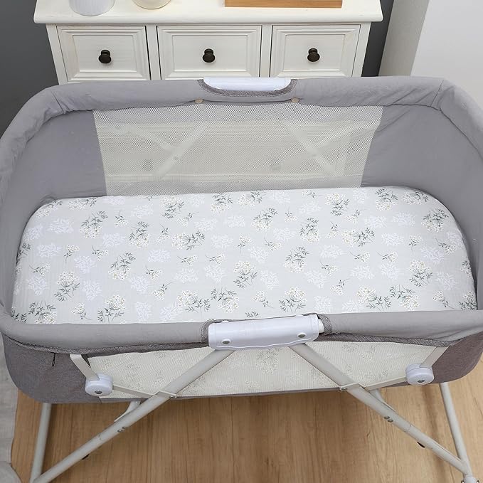 Onacosht Muslin Bassinet Sheets 3 Pack, 100% Cotton Baby Fitted Sheet 33" x 19" Compatible with Mika Micky, KoolaBaby (3 in 1), BabyBond, HARPPA and RICUTON Bedside Bassinet, Green, Floral and Cactus