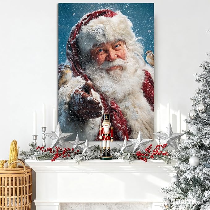 YONICA Christmas Canvas Wall Art Snowy Santa 12x16 Inch Winter Scene with Birds and Snowfall - Large Framed Gallery Wrapped Nature Theme