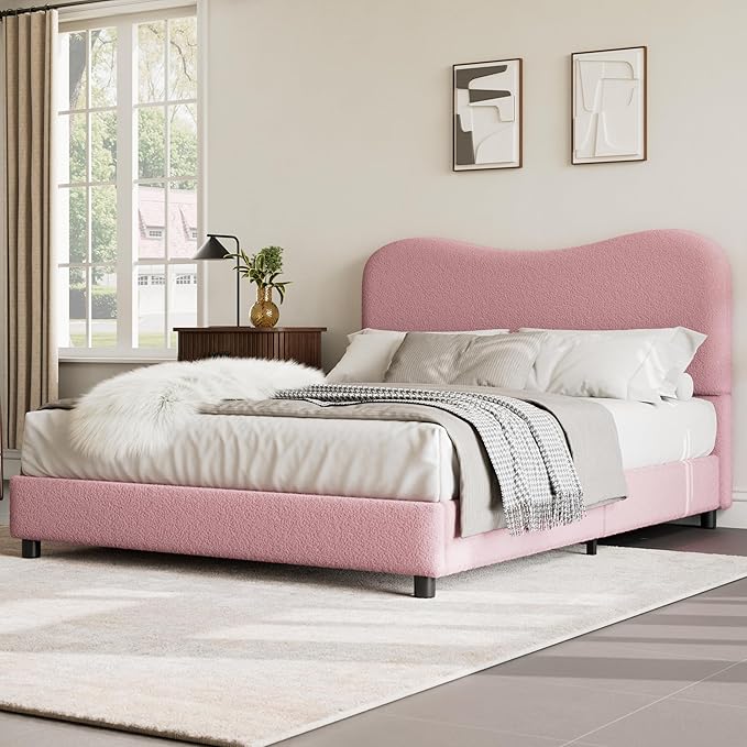 Senfot Pink Boucle Bed Frame with Upholstered Headboard, Soft Low Profile Sturdy Platform Bed with Rounded Corners Design, Heavy Duty, Wooden Slats, Noise Free, No Box Spring Needed, Full Size
