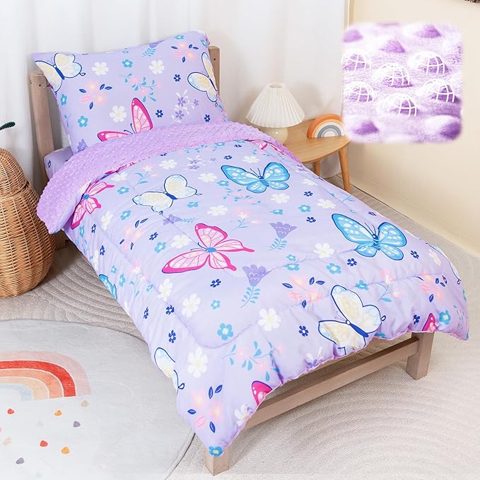 TinyPalsa Butterfly Toddler Bedding Set, 4-Piece Comforter Set for Girls and Boys, Breathable Crib Bedding Includes Ultra-Soft Plush Minky Comforter, Flat and Fitted Sheets, and Reversible Pillowcase