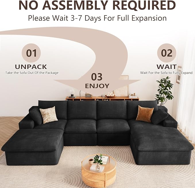 136" Cloud Modular Sectional Sofa with 1 Ottoman, Deep Seat Boneless Couch, Modern Upholstered Corduroy Couches, Comfort U Shaped Sofa for Living Room, No Assembly Required(Black,Right Facing Chaise)