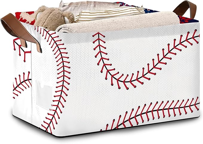 Baseball Texture Storage Basket Large 17x11.5x10.5 Inche-Collapsible Fabric Organizer Bin with Handles for Sports Gear,Toys,Laundry-Foldable Decorative Hamper with Stitched Leather Design-Single Pack