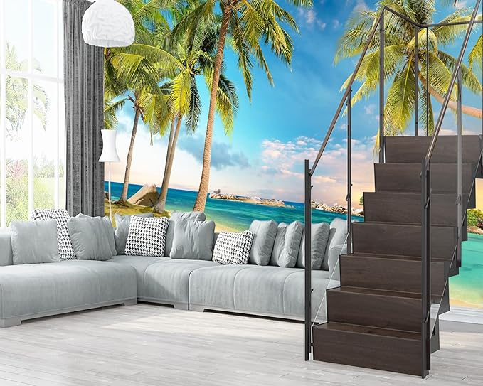 XMPMBM-Beach Palms Landscaping Fabric Wallpaper Tree Leaf Living Room Bedroom Bathroom Wall Mural-W 154" X H 105"（112 Square Foot）