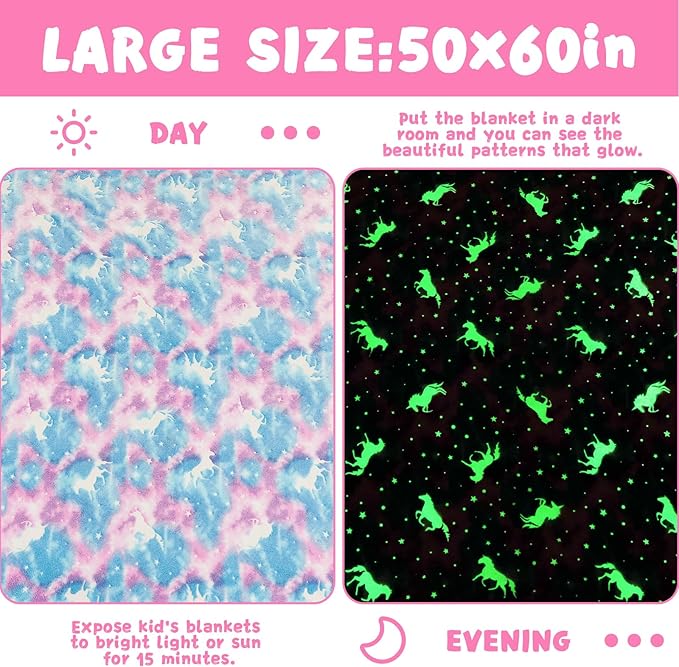 inhand Blue Unicorn Toys Glow in The Dark for Blanket,Unicorn Gifts for Girls Age 1 2 3 4 5 6 7 8 9 10 11 12 13 Birthday Halloween Christmas Cute Soft Room Decor Kids Blanket Blue Rainbow 50"X60"