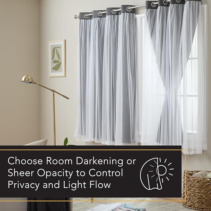 TOWN & COUNTRY LUXE Talia Double Layer Indoor Curtains, Sheer and Room Darkening Blackout, Grommet Top, Energy Efficient, 2-Pack Set, 52"x63", Black Pearl