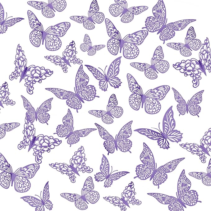 3D Gold Butterfly Wall Decor 3 Sizes 4 Styles Butterfly Party Decorations Cake Decorations Removable Stickers Wall Decor Room Mural Metallic Kids (Purple, 96Pcs)
