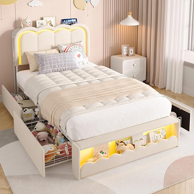 Maupvit Twin LED Bed Frame with Storage Headboard and 4 Drawers, Upholstered Platform Bed Frame with Bookcase, Velvet Princess Bed for Kids Girls, Charging Station, No Box Spring Needed, White