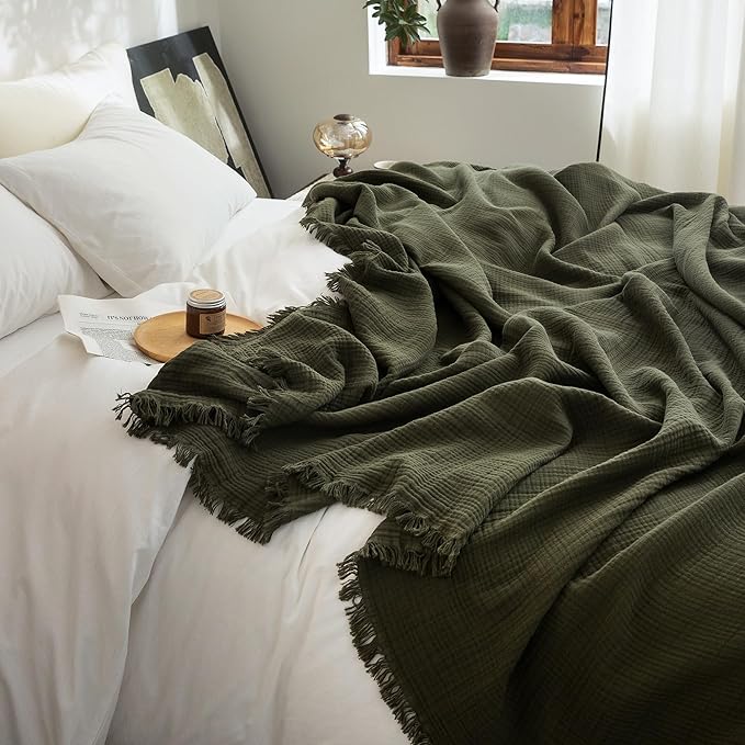 FOSSA Muslin Blanket with Fringe - 4-Layer 100% Cotton Gauze Super Soft & Breathable Throw -Lightweight Decorative Cooling Blanket for Bed, Sofa, Office (Olive Green, King (104" × 90"))