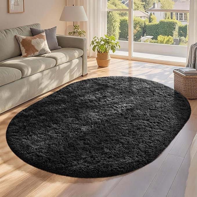 Ophanie 3x5 Oval Black Rugs for College Dorm, Bedroom Small Area Rug, Non-Slip Fluffy Shaggy Bedside Soft Shag Fuzzy Plush Carpet for Kids Boys Teen Home Decor Aesthetic, Nursery