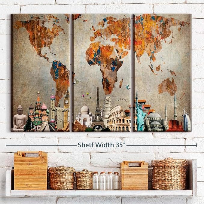 ElephantStock Rusty World Map Multi Piece Canvas - 3 Piece Canvas World Map Wall Decor - Wall Decor - Ready-to-Hang Print - Vintage Wall Art - 33" X 20"